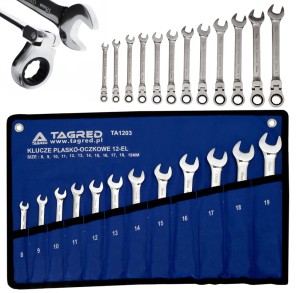 Klucze płasko-oczkowe łamane z przegubem 12 el. 8-19 mm, na płachcie, CrV - kute, hartowane TA1203